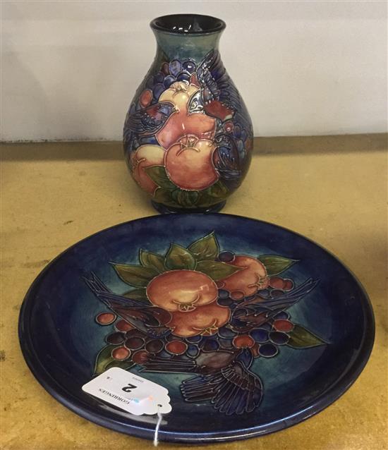 A Moorcroft Finches pattern baluster vase and a similar dish, post-war, 19.5cm and 17cm